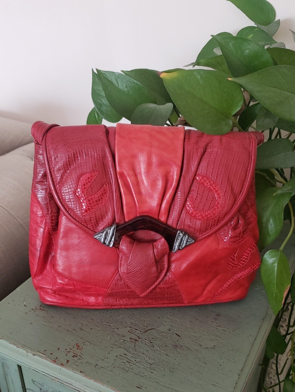 Vintage 80s Red Leather Patchwork Python Snakeskin Clutch Crossbody Bag Handbag